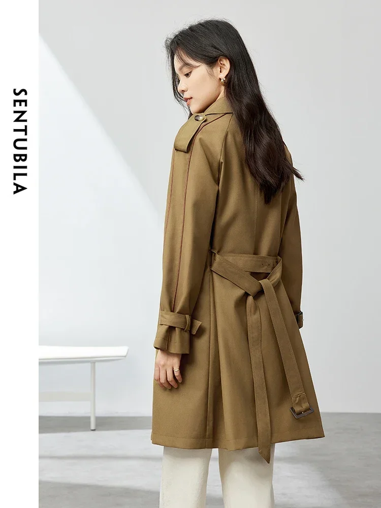 SENTUBILA Double-breasted Belted Trench Coats Women 2025 Spring Autumn England Style Commute Mid-length Loose Coat 151F80080X