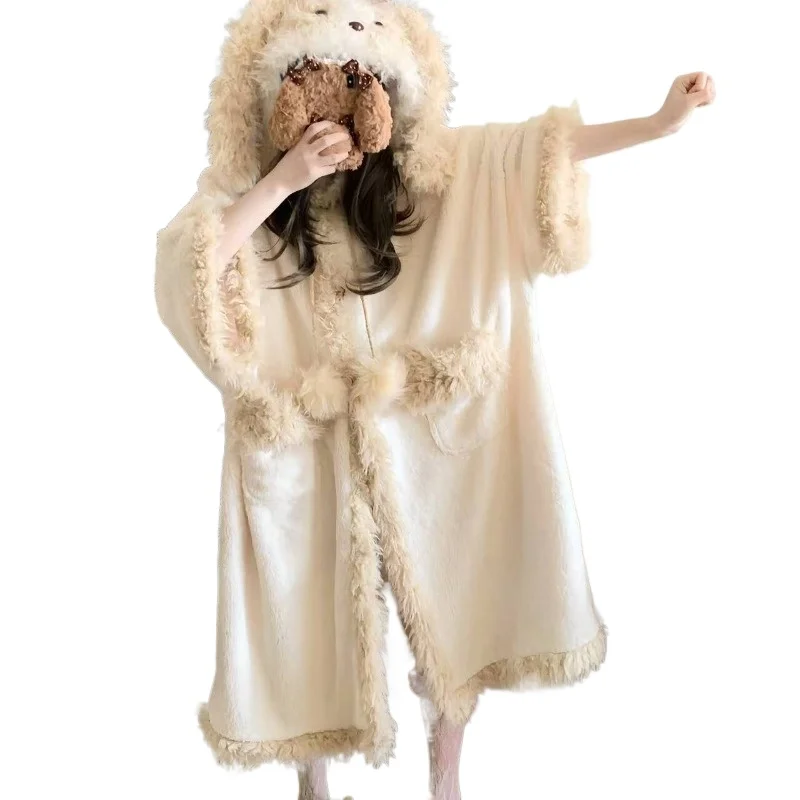 Hairy Cute Puppy Coral Fleece Winter Pajamas Women's New Popular Fleece Thickened Loungewear Set Can Be Worn Outside Underwear