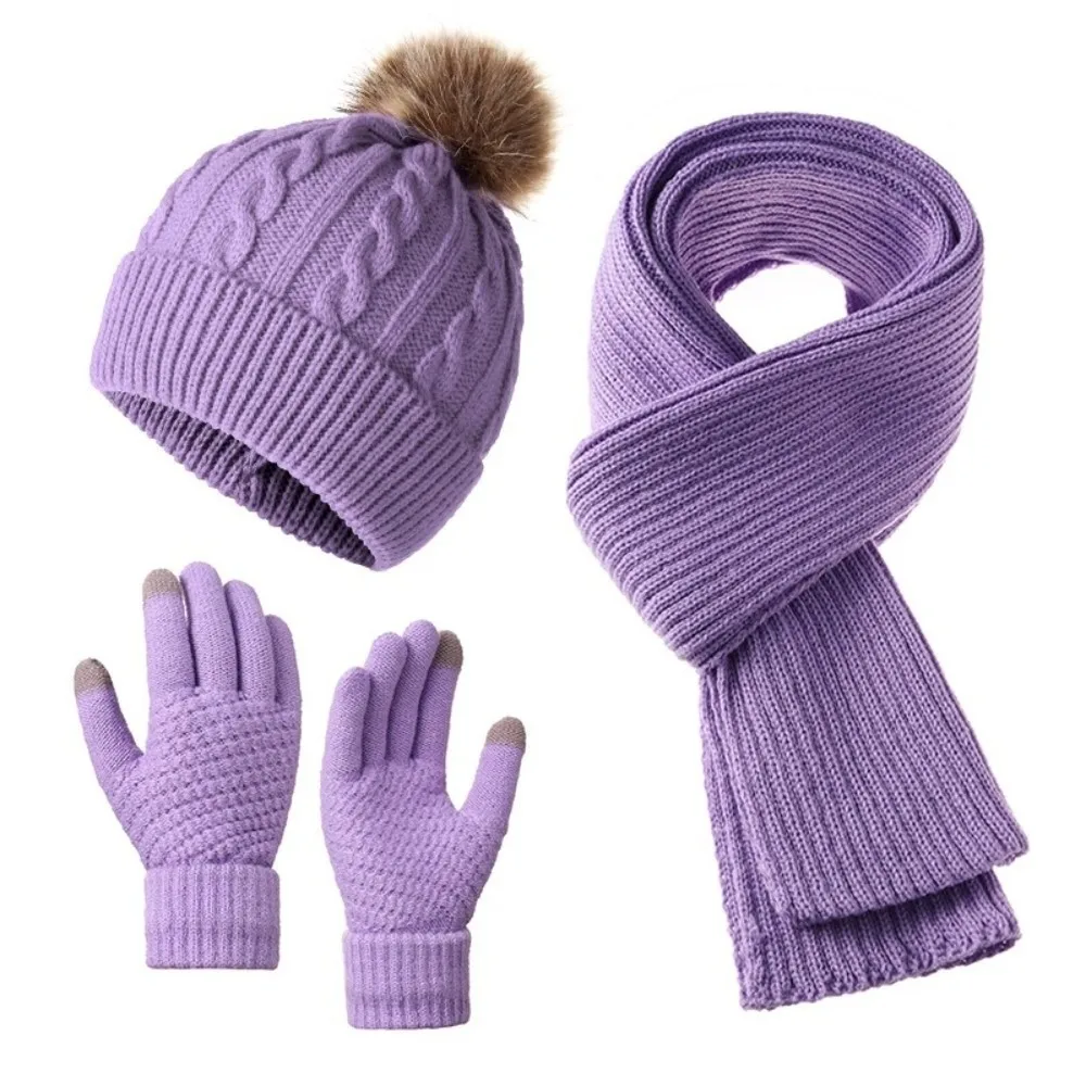 3Pcs/Set Simple Cold Proof Scarf Hat Gloves Set Elastic Warmer Mittens Pullover Cap Thickened Solid Color Knitted Scarf Daily