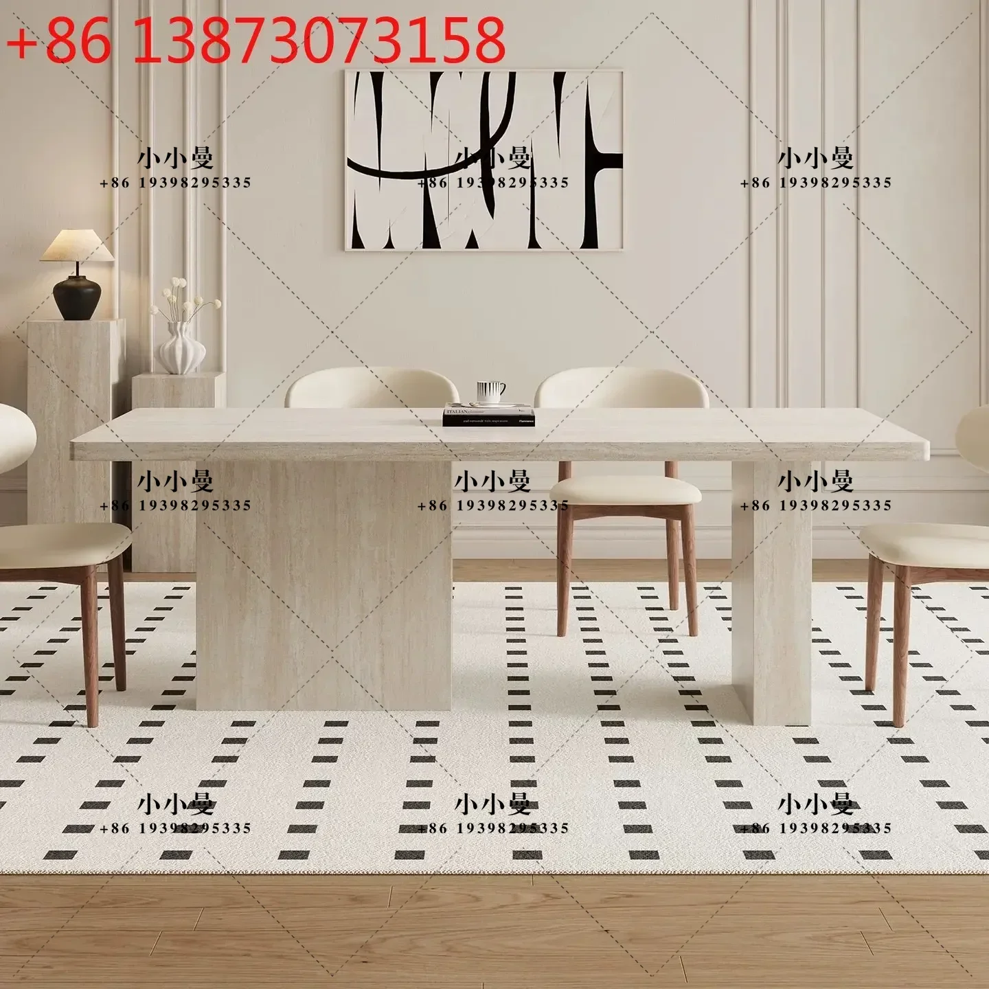 Medieval travertine rock slab dining table and chair combination French designer household rectangular dining table