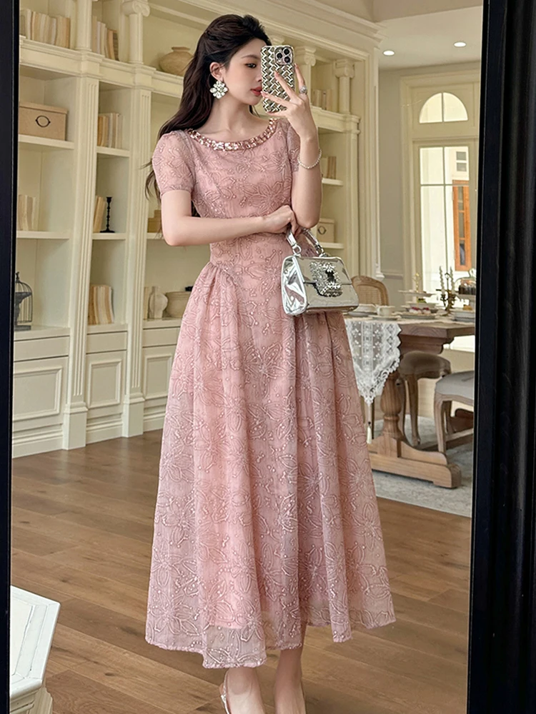 Sommer Frauen Maxi Kleid Rosa Spitze Blumen Robe Elegante Pailletten Oansatz Puff Sleeve Vestidos Formale Party Dating Abend Damen Kleid