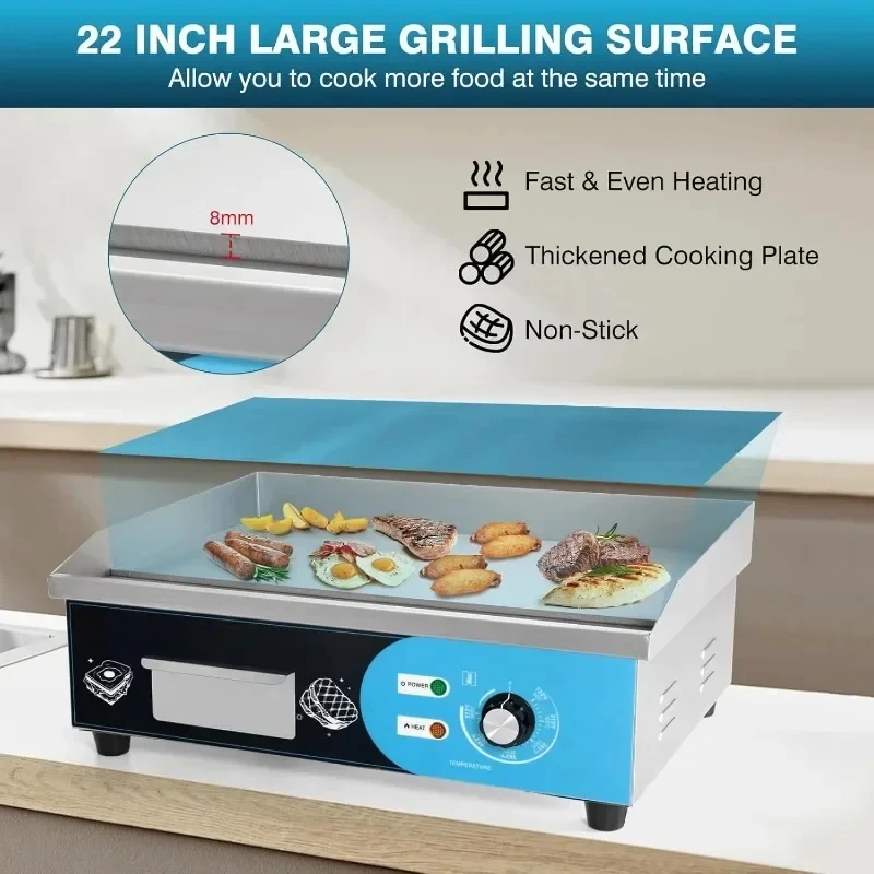 Commercial Electric Griddle Electric Flat Top Grill Stainless Steel Countertop Non-stick Adjustable Temperature
