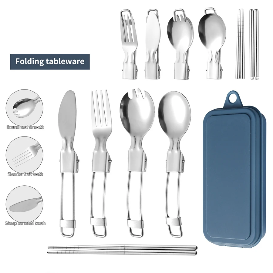 304 Stainless Steel Tableware Three Piece Set Foldableing Knife Spoon Fork and Chopsticks Storage Box Travel Compact Portable Ta