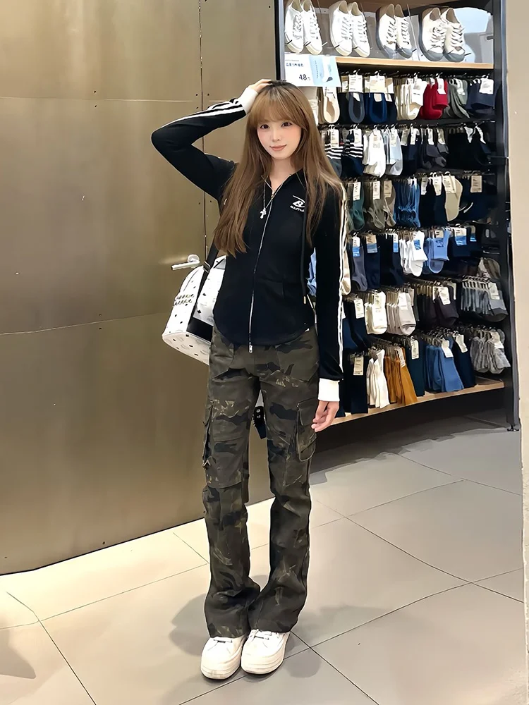 American High Street Vibe Flared Denim Jeans Women's Multi-ket Logging Work Pants Small Size Straight Leg  Hoof Long ...