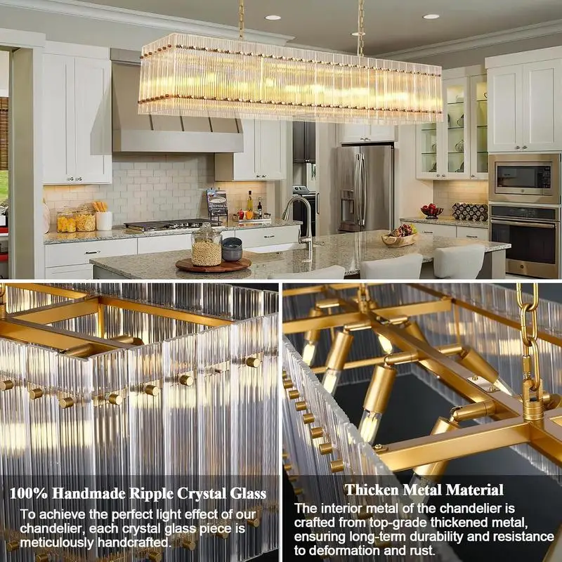 Modern Rectangular Crystal Chandelier, 10-Light Gold Pendant Light Fixture for Dining Room, Living Room, Kitchen Island