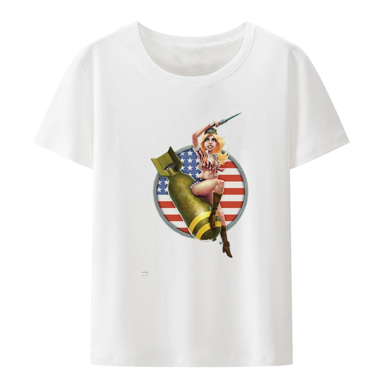 Vintage America Bomber Girls Graphic Print T-Shirt Short Sleeve Tee with Retro Design Casual and Unique Top for Men's Clothing