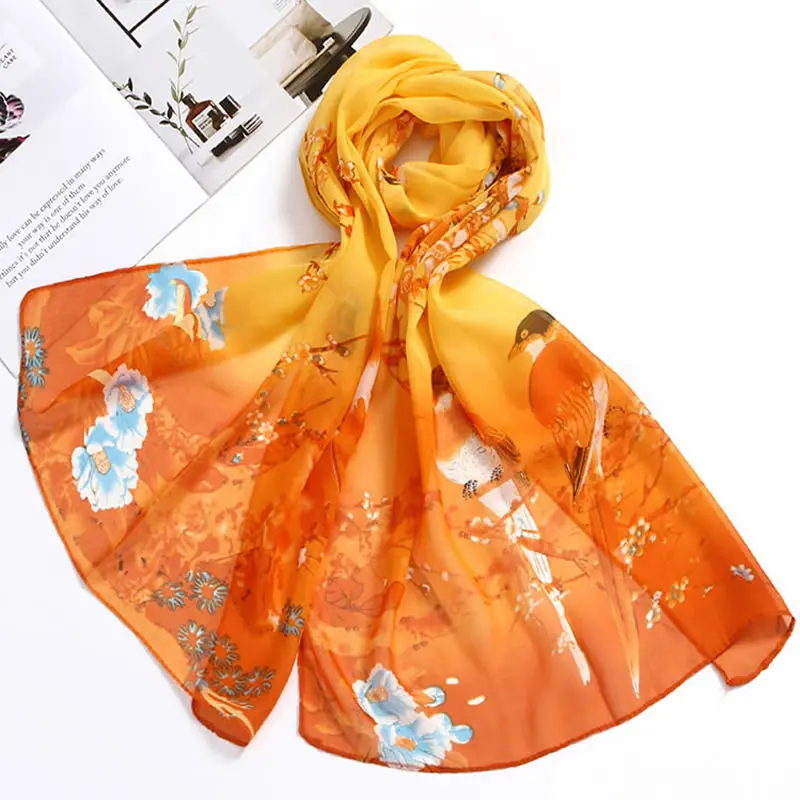 Flowers and birds printed chiffon scarf shawl, beach sunscreen scarf head scarf women, mother gift