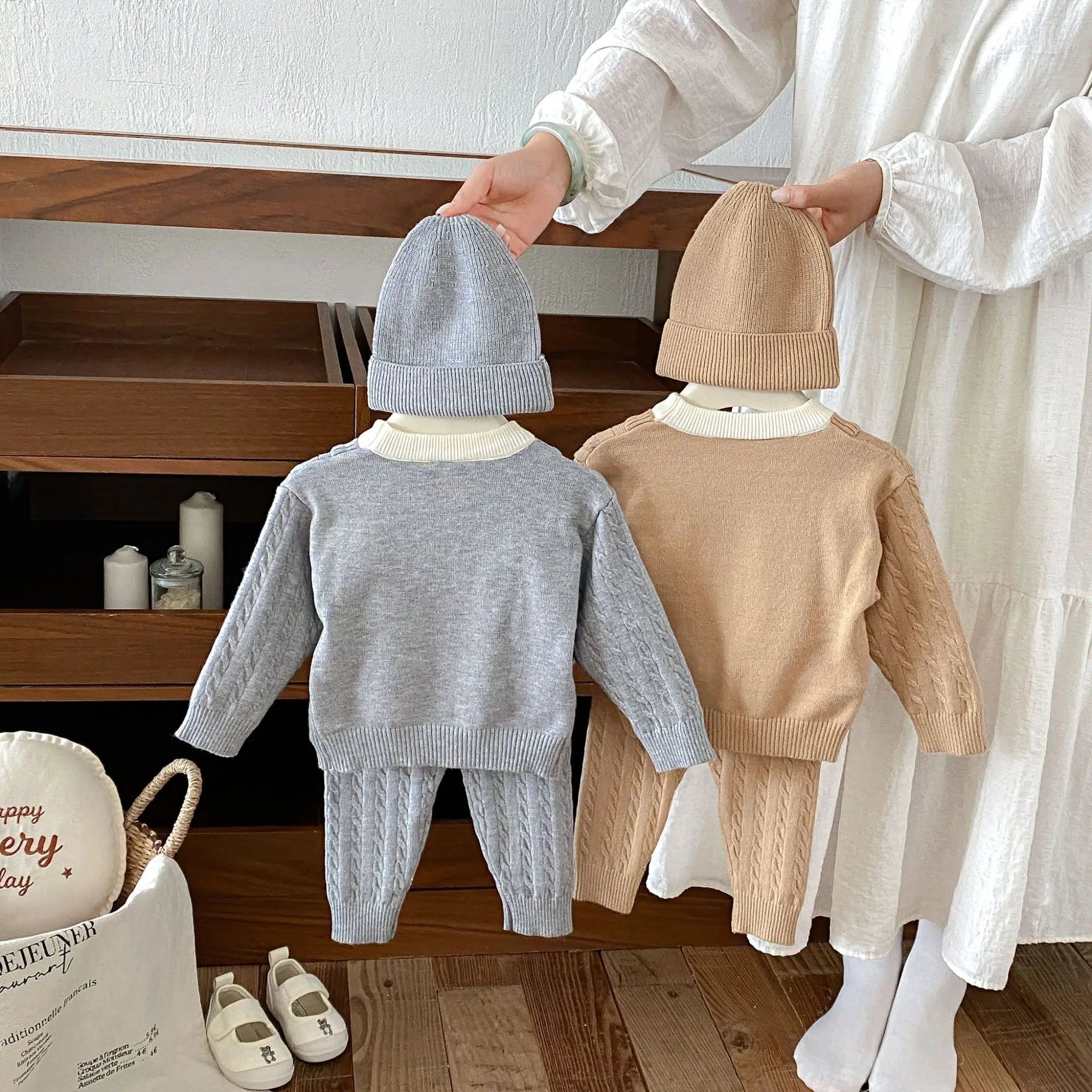 Boys' Fake Two-piece Single Breasted Knitted Suit Autumn Korean Men's Treasure Knitted Top Versatile Pants Hat Three Piece Set