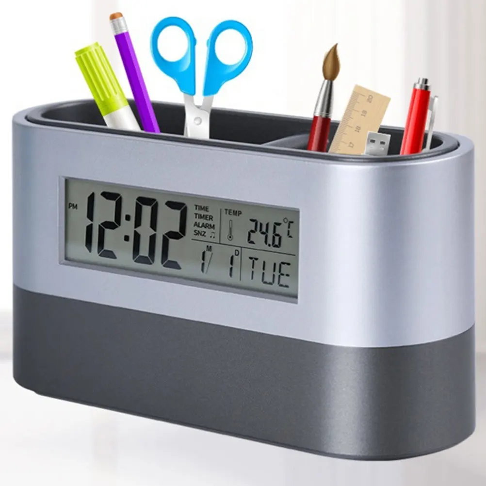 

Pen Container Clock with Temperature Display Alarm Calendar Countdown Week Time Functional Creative Clock for Desk Home Office