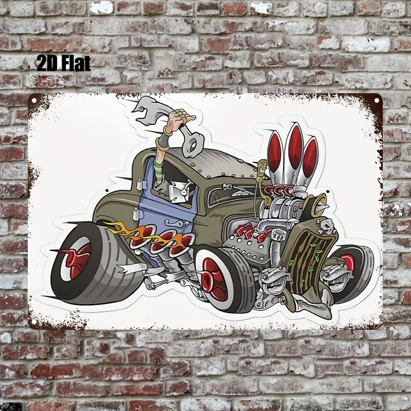 (Peinture sur métal 2D) 1 plaque métallique plate 2D |   Peinture de voiture rétro style Hot Rod, art mural décoratif, art mural rustique en fer, parfait