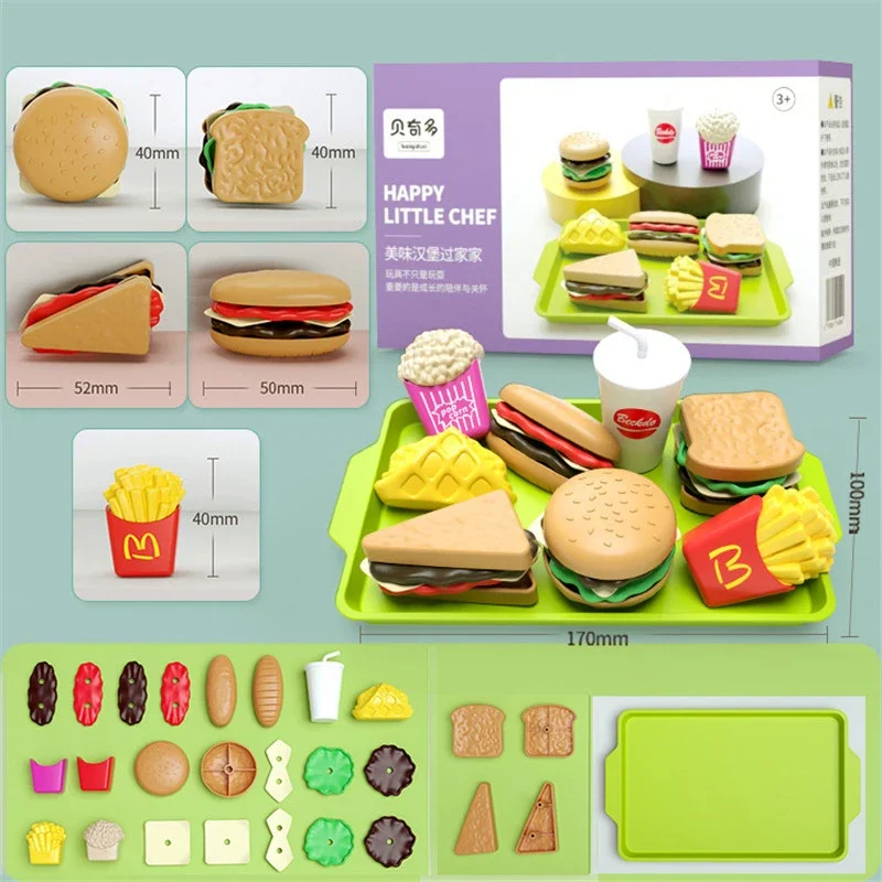 Children's Hamburger Pretend Play Cooking Toys Set, Mini Simulação, Comida, Cozinha, Meninas, Sanduíche, Batatas fritas, Hamburguer, Assembly Game