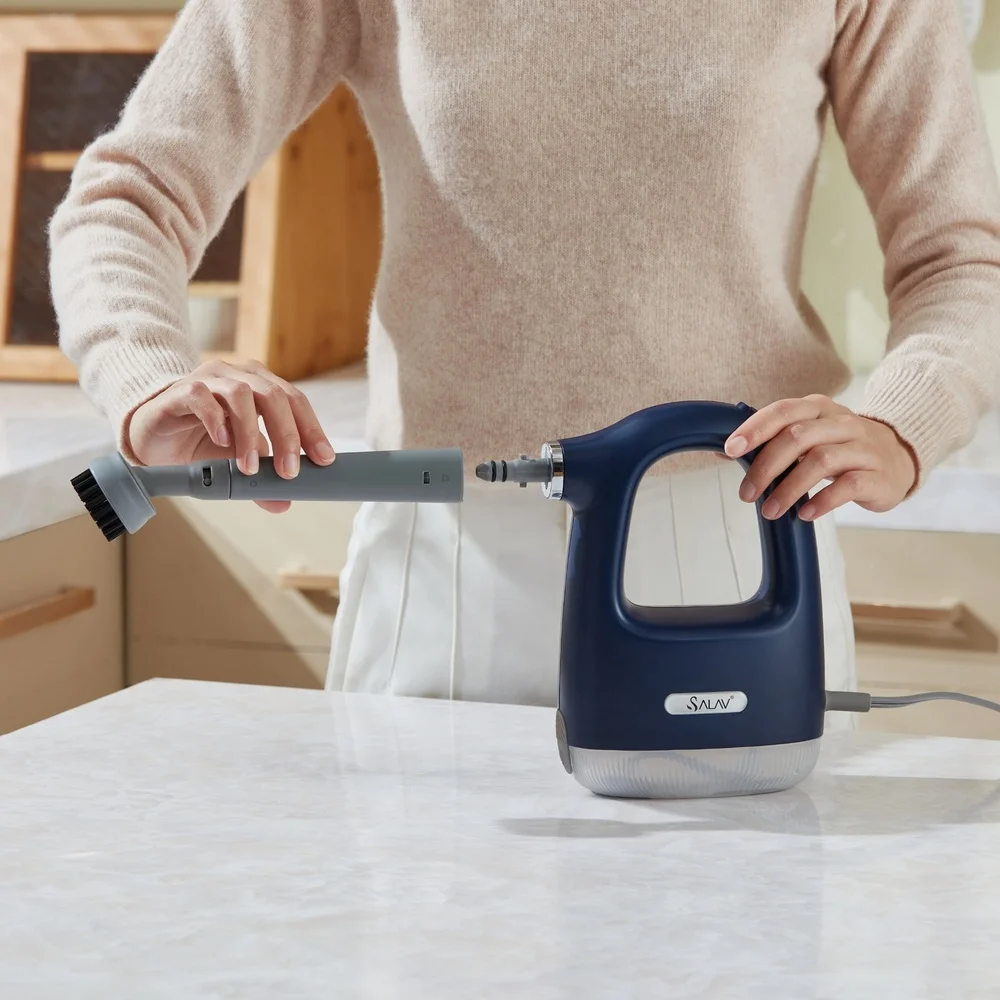 Powerful Compact Steam Cleaner 1100W No Pressure Instant Refill 10 Attachments Lightweight Easy Handle 13.5ft Cord Hands-Free