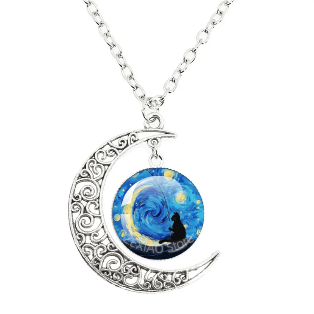 Van Gogh Starry Night Kawaii Cat Necklace Oil Painting Moon Pendant Necklace Vintage Blue Style Necklace Jewelry Accessorie Gift