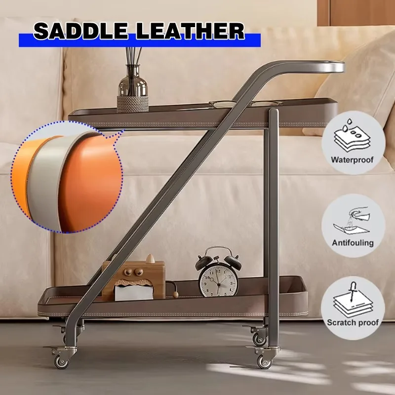 Light Luxury Grey Stainless Steel Frame Mobile Dining Car Minimalist Living Room Saddle Leather Two-Layer Storage Trolley MC027