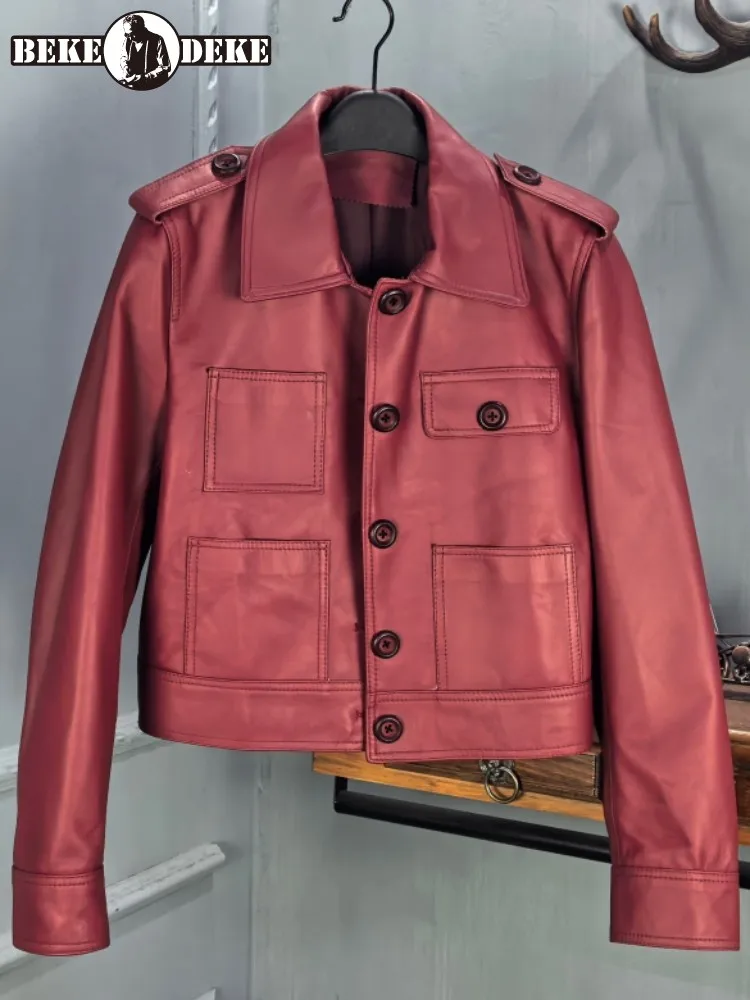 

Office Ladies Turn Down Collar Single-Breasted Genuine Leather Jackets Fashion Solid Color Long Sleeves Sheepskin Outwear
