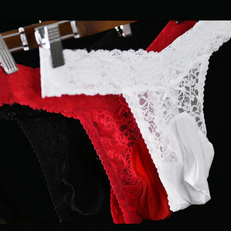 New Men\'s Erotic Egg Pouch Thongs Lace Breathable Panties Large Size Sissy Panties Homme Sexy G String Low-Rise Mens Lingerie