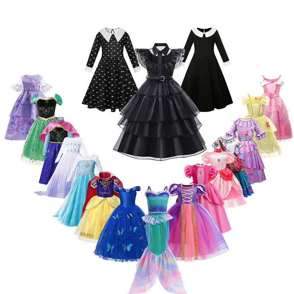 

Disney Forzen Elsa Anna Princess Dress Wednesday Addams Ariel Peach Costume Birthday Party Halloween Vestido Encanto Kid Clothes