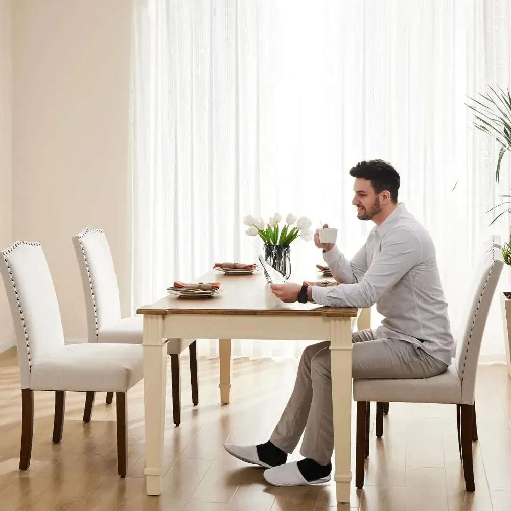 Eetkamerstoelen Set Van 4, Gestoffeerde Parsons Stoelen Met Spijkerbekleding En Houten Poten, Keukenbijstoel Voor Woonkamer