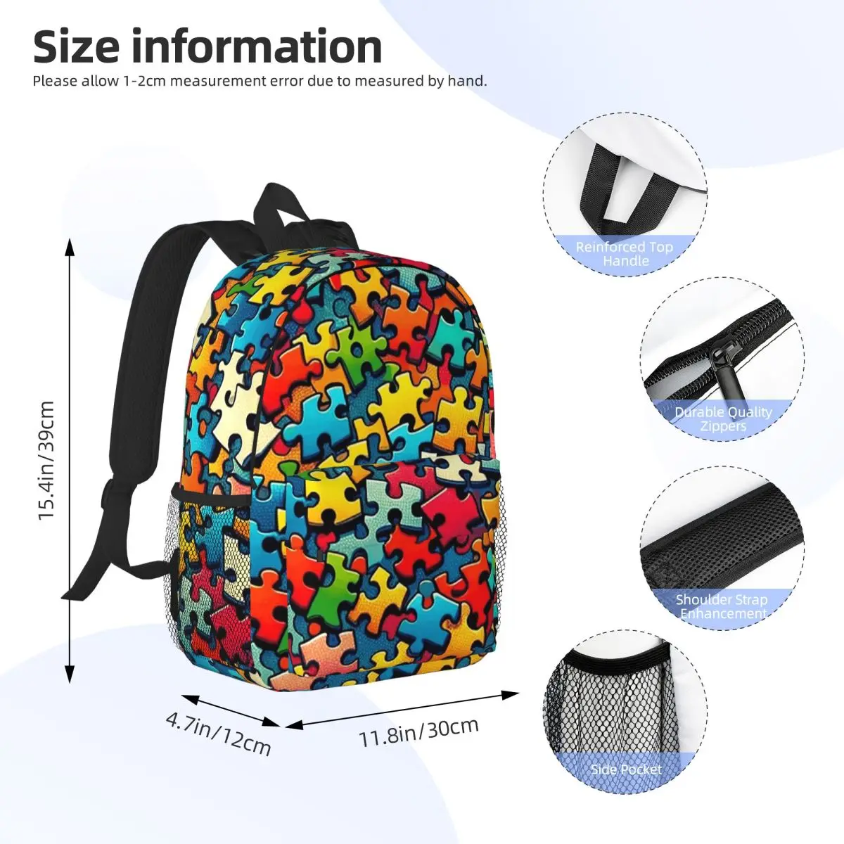Autism Awareness Colorful Puzzle Piece Print Backpack Student Boys Girls BookBag Men Women School Bag Computer Shoulder Bags
