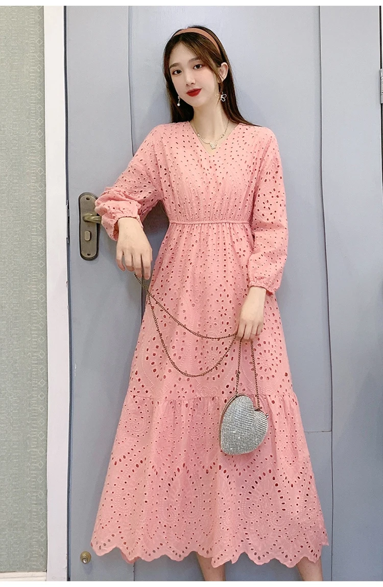 2023 New Spring Autumn Women V-Neck Long Sleeve Slim Long Dress Elegant Retro Embroidery Hollow Out Big Hem Evening Party Dress