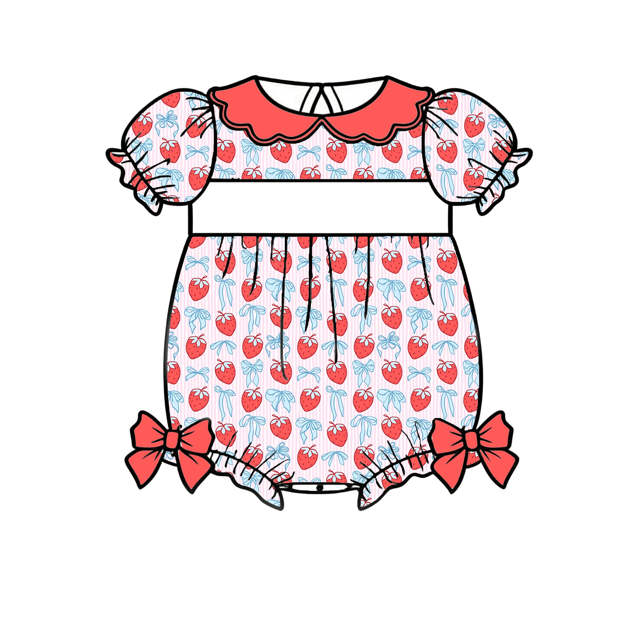 Sweet Pink Bow Cherry Strawberry Print Baby Romper Sleeve Ruffle Collar Infant One-Piece Bow Details Newborn Daily Wear wholesal
