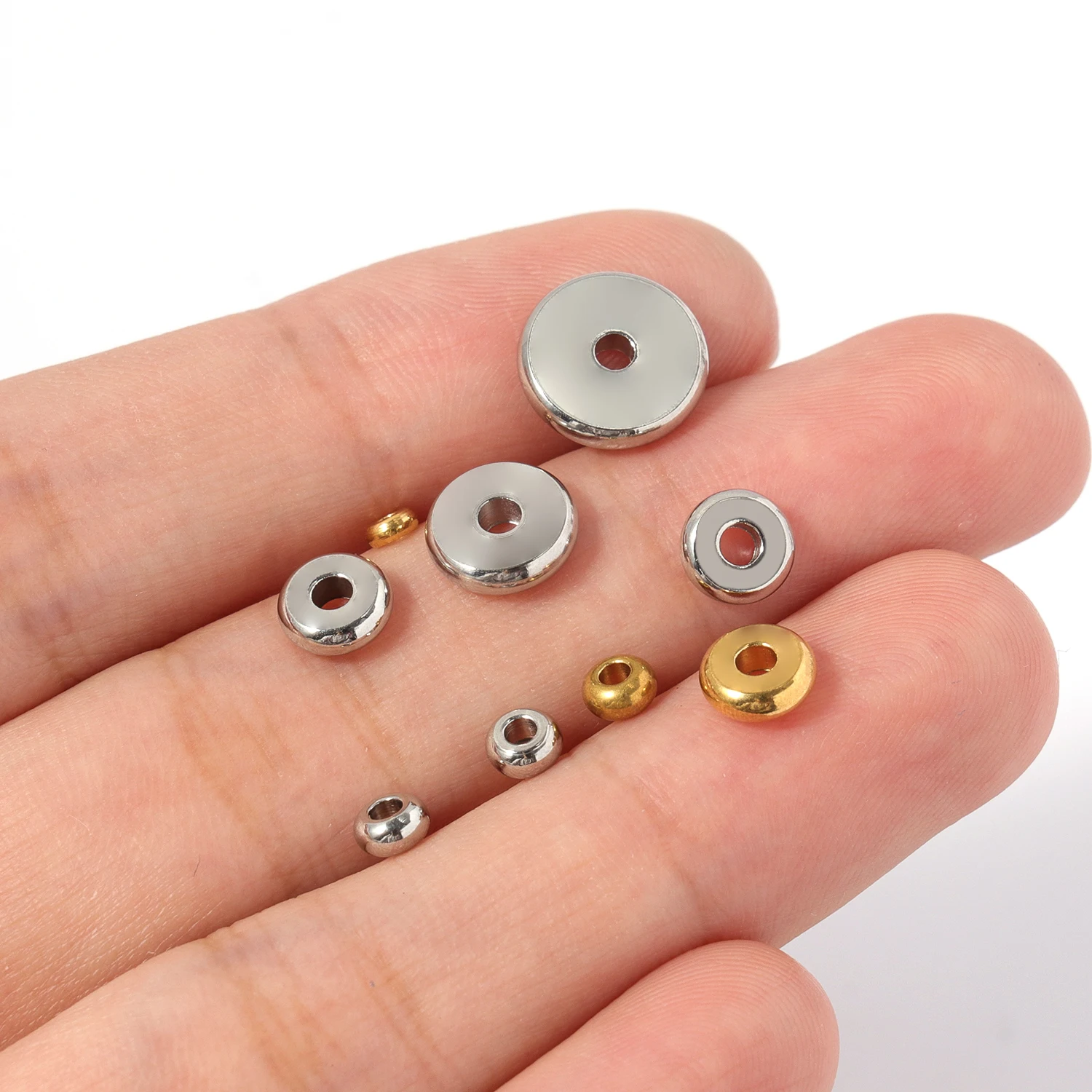 20pcs/lot 3/4/6/8/10mm Stainless Steel Flat Round Spacer Beads Gold color Big Hole Loose Beads For DIY Jewelry Making Accessory