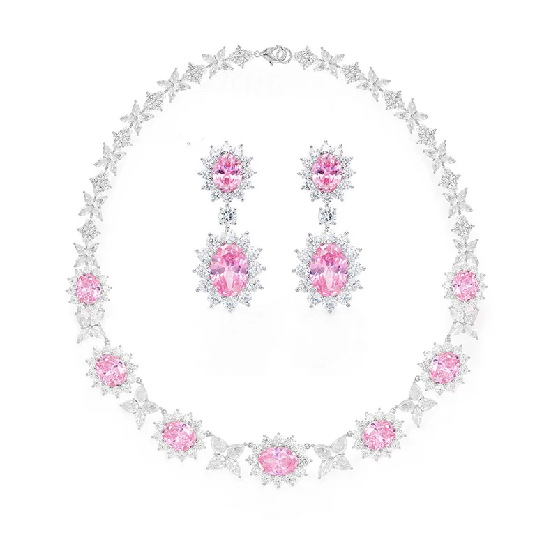 Designer Collection Style Stud Earrings Necklace Women Lady Inlay Yellow Pink Oval Cubic Zircon Dinner Party Jewelry Set