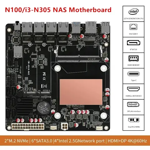 6 baies N100 N150 i3-N305 N355 NAS carte mère Intel 4x i226-V 2.5G LANs 2 * NVMe 6 * SATA3.0 DDR5 Mini ITX carte mère PCIex1 type-c