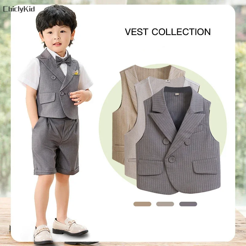 Children Solid Waistcoat Wedding Clothes Boys Double Breasted Vest Formal Dress Suits Kids Striped Top Baby Toddler Party Jacket