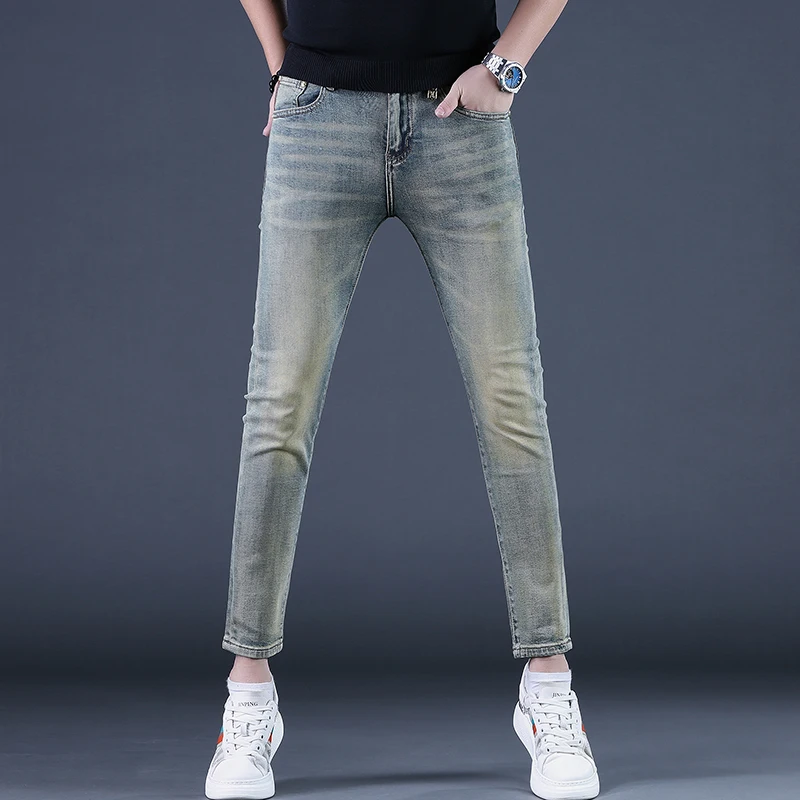 

High-End Faionable Korean Sle Nine-Piece Slim Fit Jeans Men's Elastic Casual Retro Blue Long Pants Summer Collection