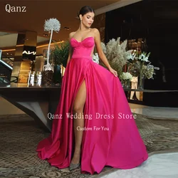 Qanz Formal Party Gowns for Women Evening Dresses Sweetheart Fuchsia Satin High Slit Customized Long A Line Robes De Cérémonie