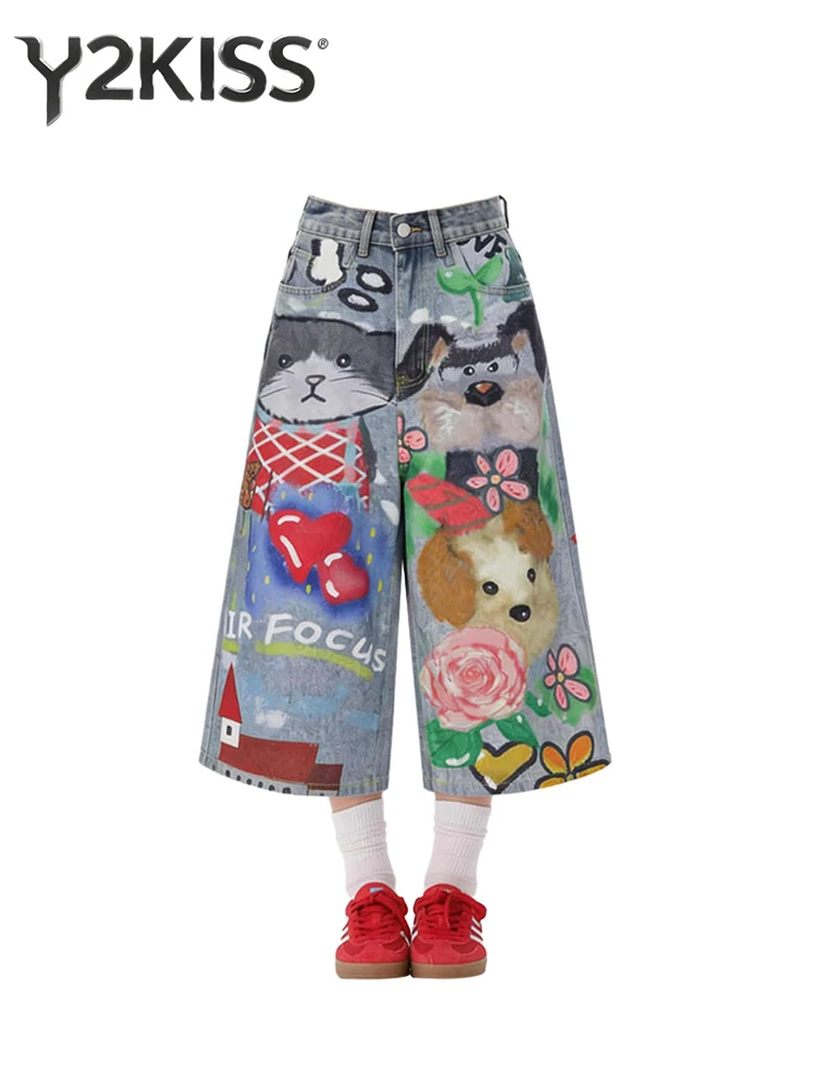 

Summer Women American Retro Cartoon Print Jorts Korean Jean Shorts Y2K Harajuku Cute Core Chic 2000s Denim Calf-Length Pants New