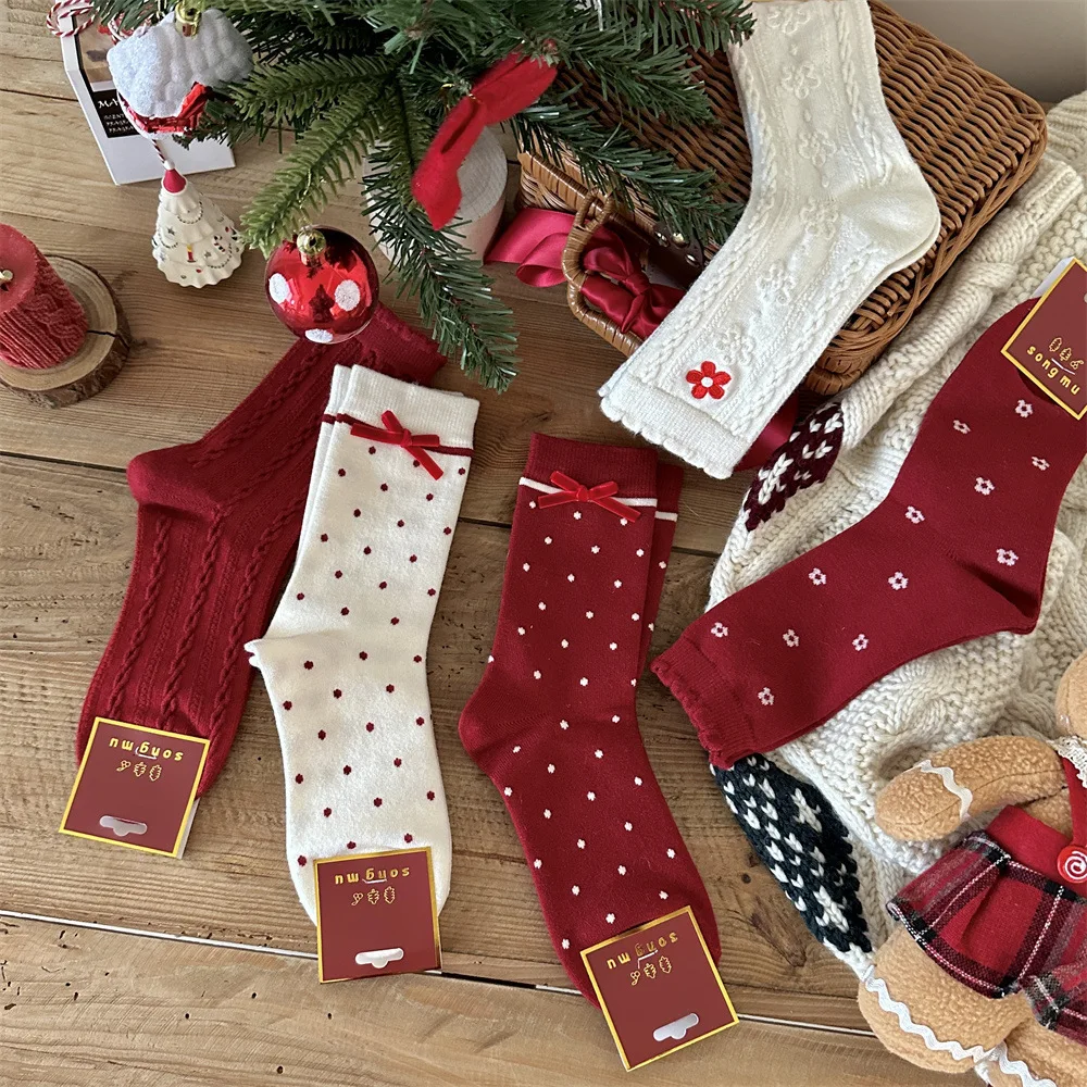 5 Pairs Ladies' Socks Set Christmas Outfit Princess Bow Polka Dot Stripe Sweet Kawaii Thickened Warm Socks For Girl Wholesale