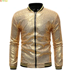 Gold Glitter Sequin Jacket Men's, Baseball Collar Zipper Switch Coat, Red Blue Silver Overcoat Male Outerwear XS-XXXL XXXXL