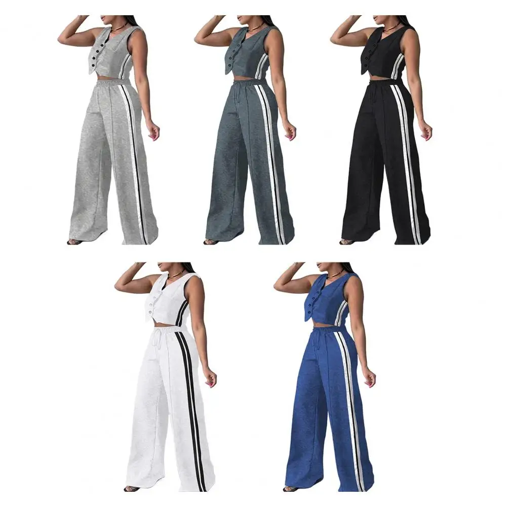 

Two Piece Sets Women Pant Set V Neck Sleeveless Regular Vest Tops High Waist Wide Leg Long Pants Elegant Splice Slim Fit Summer