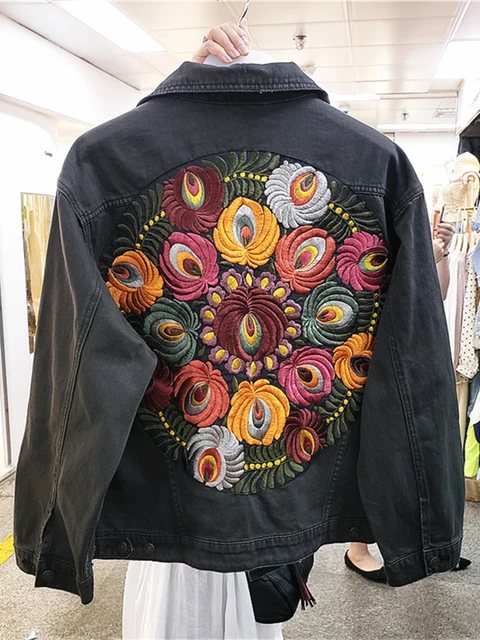Harajuku Fashion Oversized Multicolor Floral Embroidery Denim Jacket Women Cotton Long Sleeve Loose Pocket Black Jean Outwear AliExpress 200000345