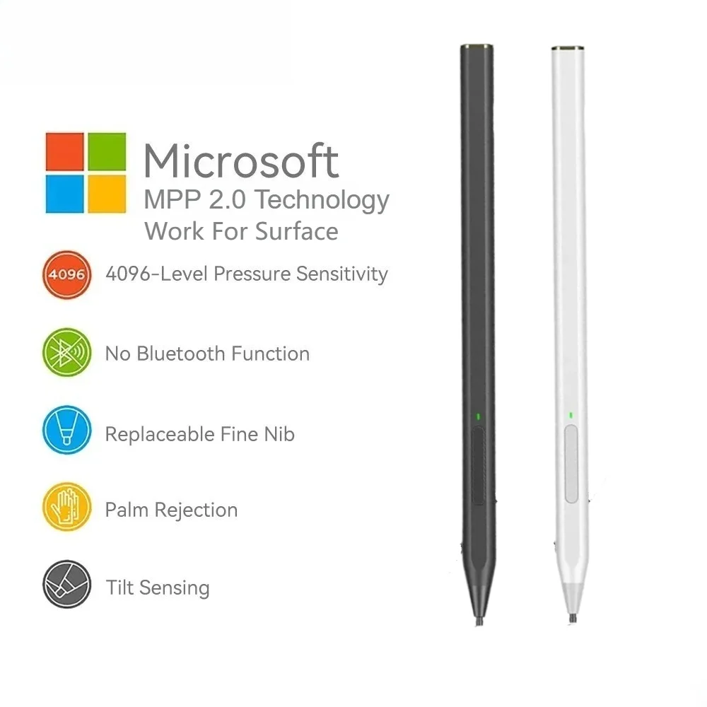 Palm Rejection No Bluetooth Stylus Pen with Eraser Side Button & 4096 Pressure Sensitivity – Compatible with Microsoft Surface