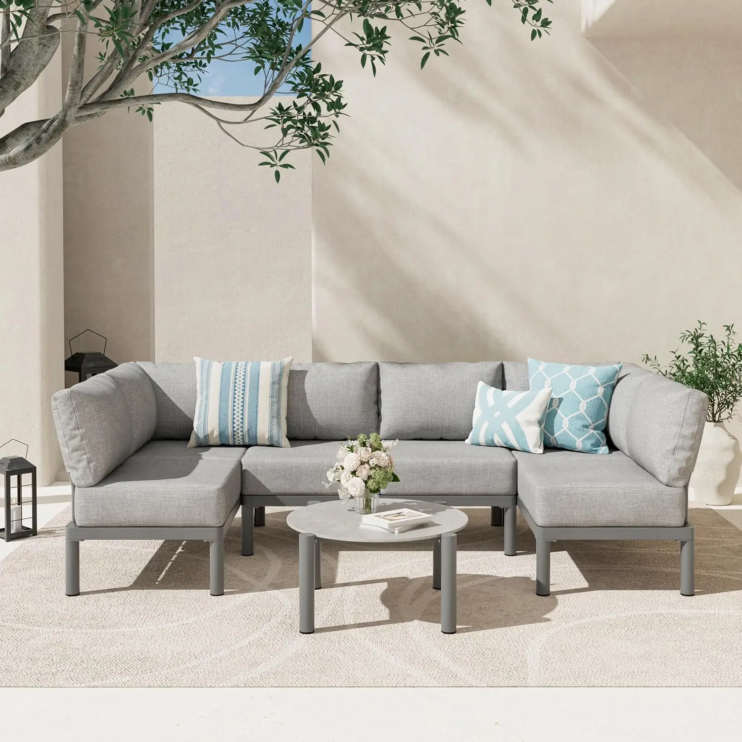 Patio Furniture Set for 6 seat, Aluminum Outdoor Sectional Sofas with 7 Inch Olefin Cushion and Glass Coffee Table, Modern Outdo