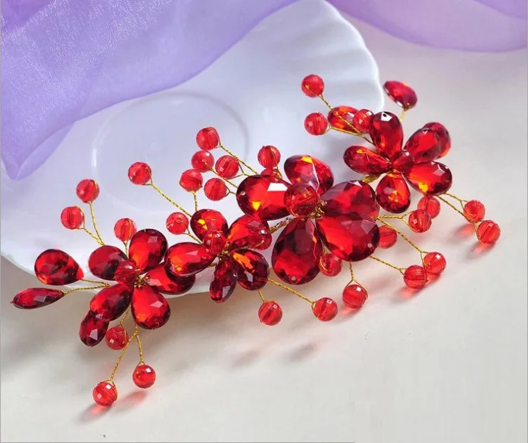 1Pcs Fashion Red Flower Hair Comb Bridesmaid Crystal Hair Clip Bridal Hairpin Wedding Hair Jewelry For Women Party Hairband Gift
