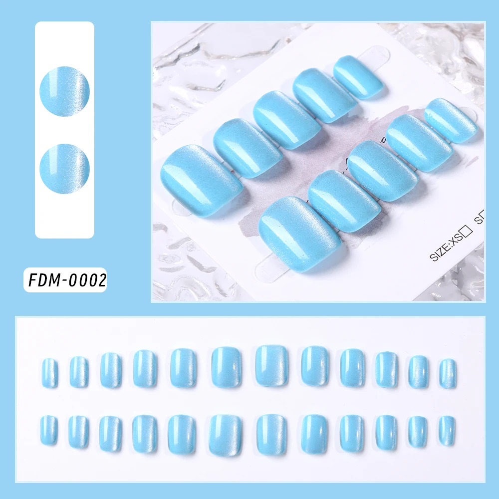 24pcs Blue Reflective Cat Eyes False Nail Short Square Nude Brown Black Women Press On Nails Long Ballet Full Cover Fake Nails &