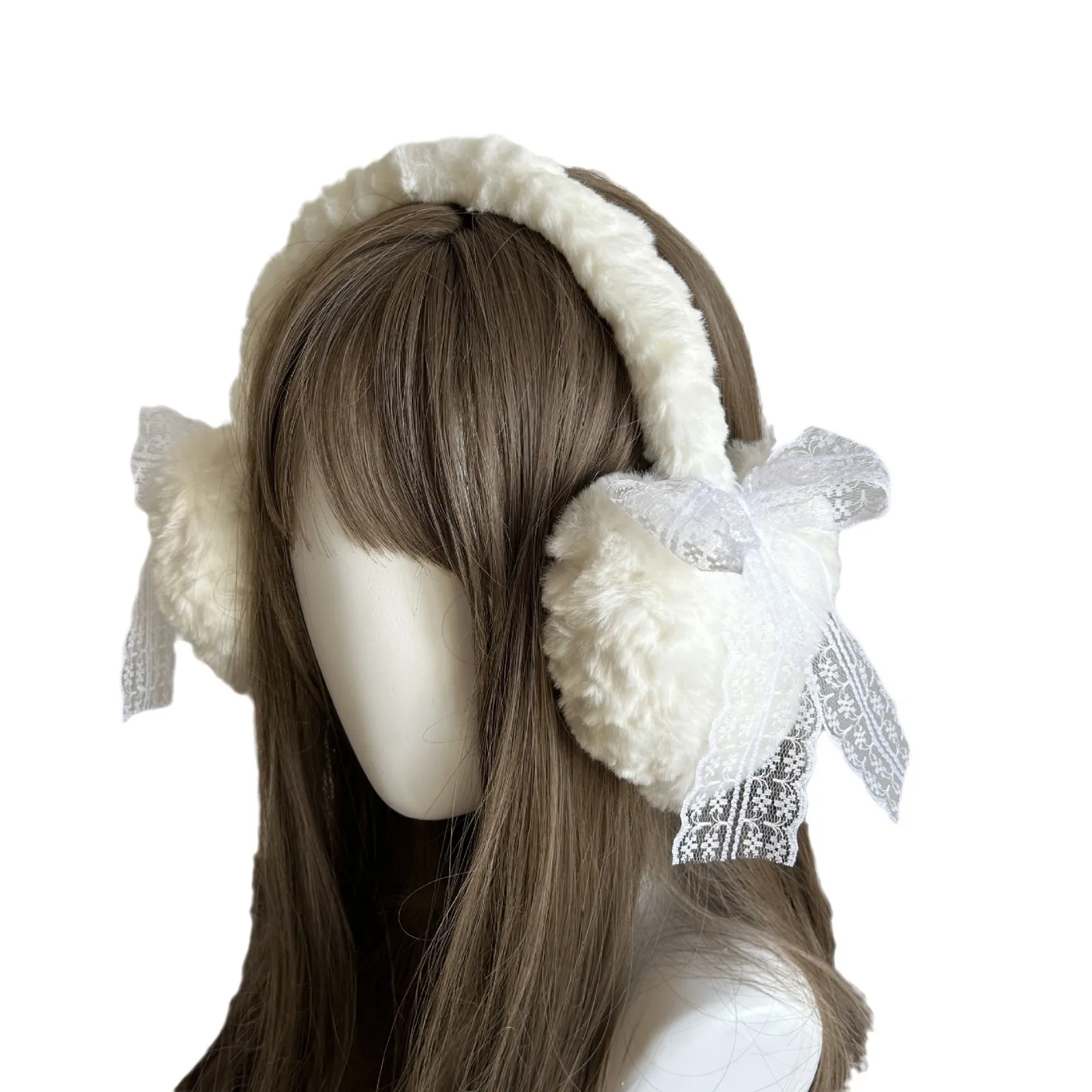 冬の新しい可愛いレースリボン耳あて、女の子のための甘いぬいぐるみハート型耳あて、寒い日のためのキュートなヘッドウェア