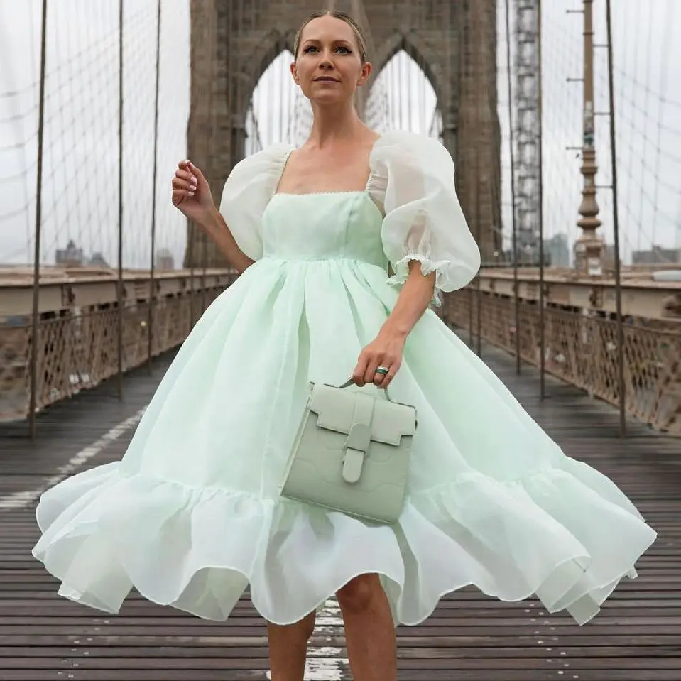 

Chiffon Dress Short Dress Ball Gown Ruffles Dress Woman Casual Women's Dresses Square Neck Bubble Sleeve Female Dress Plus Size