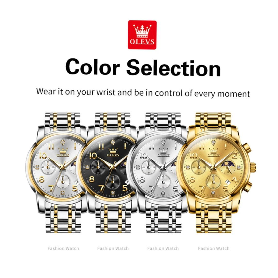 OLEVS 3628 كوارتز ساعة عصرية هدية سوار ساعة من الفولاذ المقاوم للصدأ قرص دائري ساعة يد مرحلة القمر مضيئة ثانية صغيرة #4