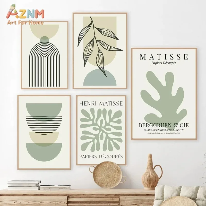 Sage Green Leaf Geometry Line Canvas Painting Matisse Abstract Boho Wall Art Poster And Prints For Living Room Home Wall Decor