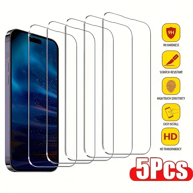 5 قطعة الزجاج المقسى آيفون 16 15 14 13 12 11 برو ماكس زائد 16e حامي الشاشة آيفون 17 برو ماكس 17Air XR XS ماكس الزجاج