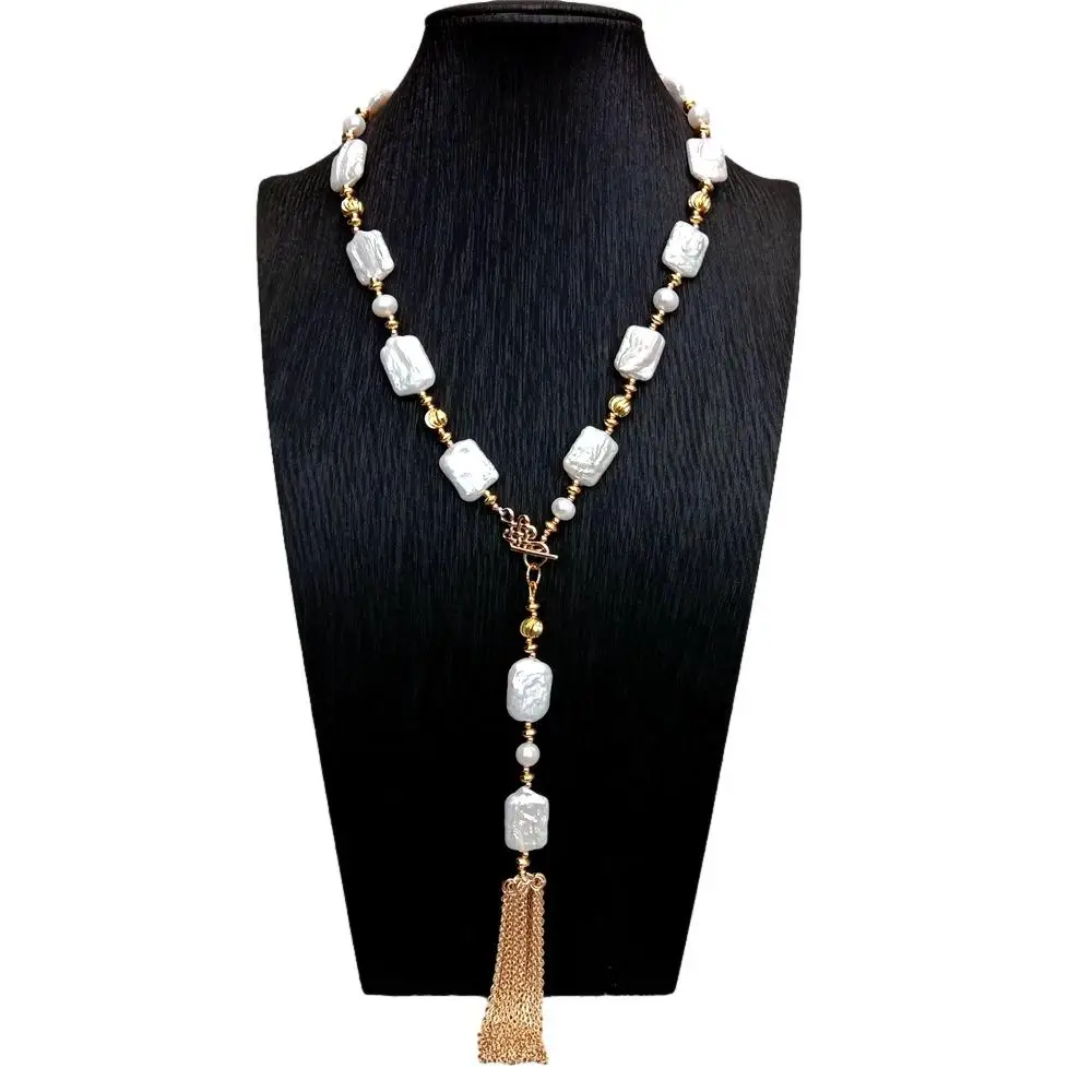 

YYGEM 14x20m Cultured White Pearl Rectangle Shape Pearl Tassel Long Necklace handmade Beaded Fashion Bohemian Jewelry Gifts
