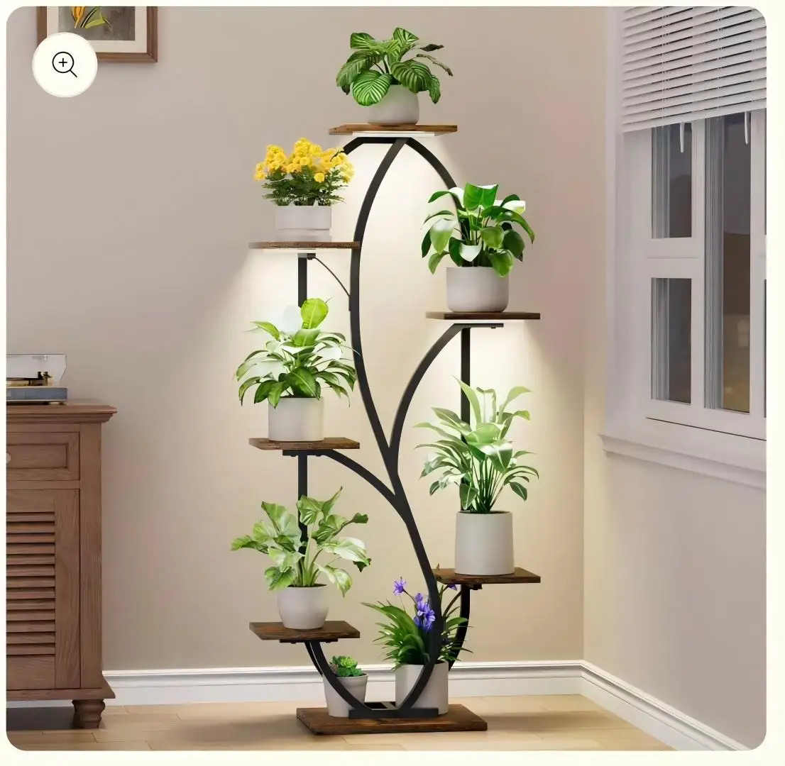 

Indoor Plant Stand with Large Curved Powder Coated Metal Flower Holder and Grow Light Multiple Corner Shelves for Garden Useprom