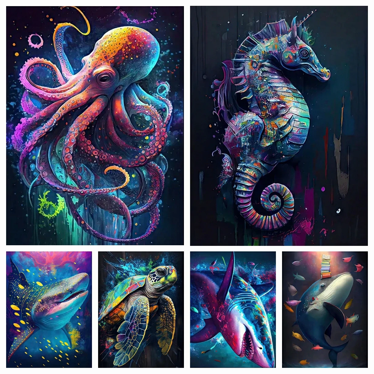 DIY Diamond Painting Colorful Ocean Wild Life Shark Seahorse Octopus Turtle Mosaic Embroidery Stitch Kit Wall Art