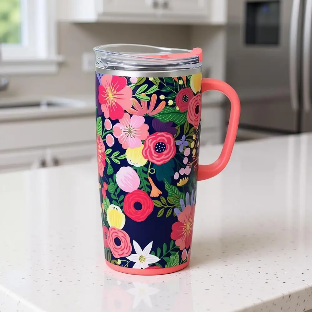 

22oz Insulated Tumbler with Handle and Lid, Travel Coffee Mug, Cup Holder Friendly, Stainless Steel, Reusable Insulated