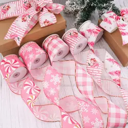 5Yards/roll Christmas Ribbon Pink Plaid Grosgrain Ribbons for Wedding Cake Birthday Gift Wrapping Bowknot Christmas Decor